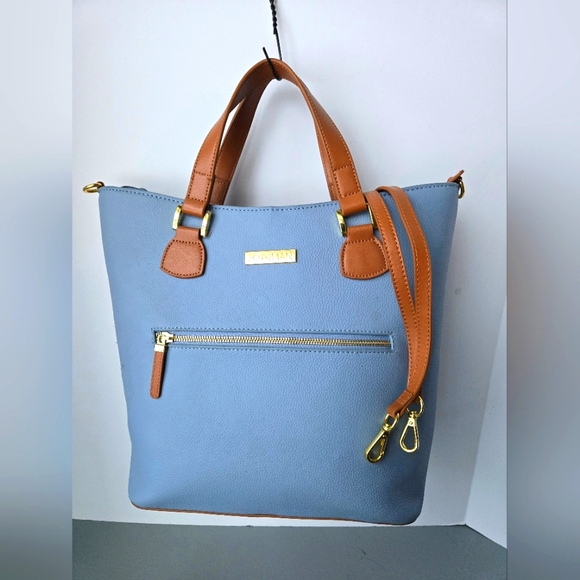 JOY & IMAN Alexandria Periwinkle Blue Purple & Tan Leather Tote Shoulder Bag - Picture 1 of 14